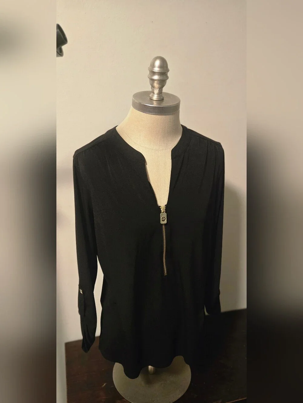 Michael Kors Black Long Sleeve  V-neck Zip Front Tunic Medium